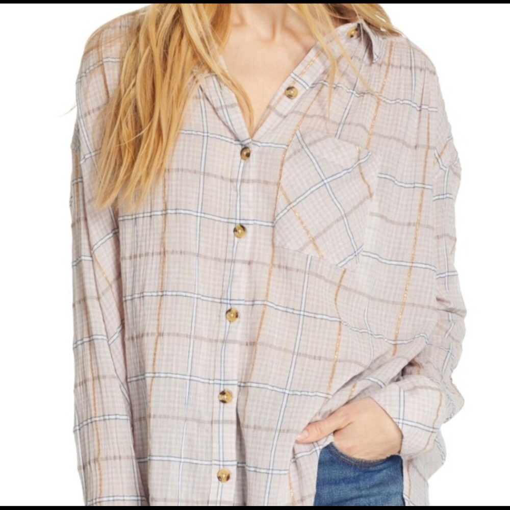 Free People Plaid Button Down Oversized Flannel Long Sleeve Shirt loose fit XS